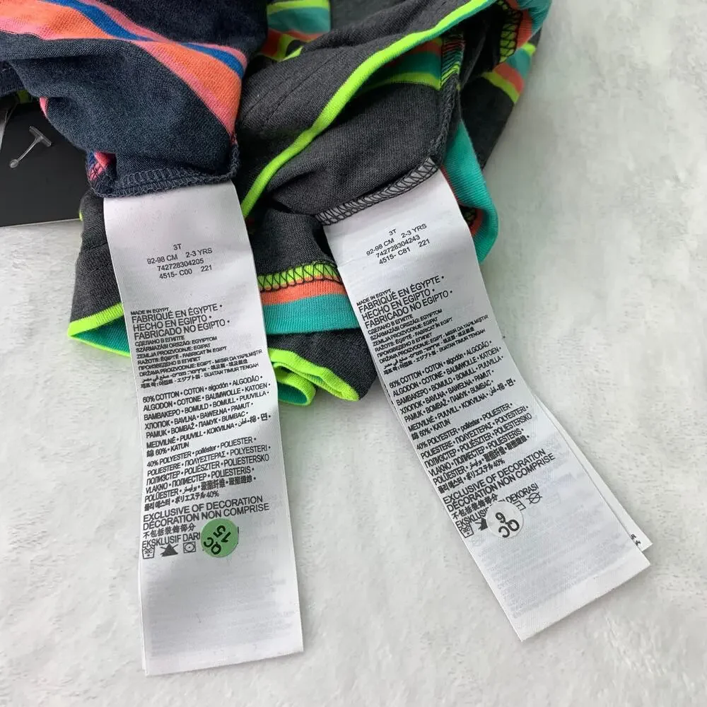 NWT Hurley Boys Size 3T Lot of 2 Neon Pink Yellow Green Orange Striped T-Shirts